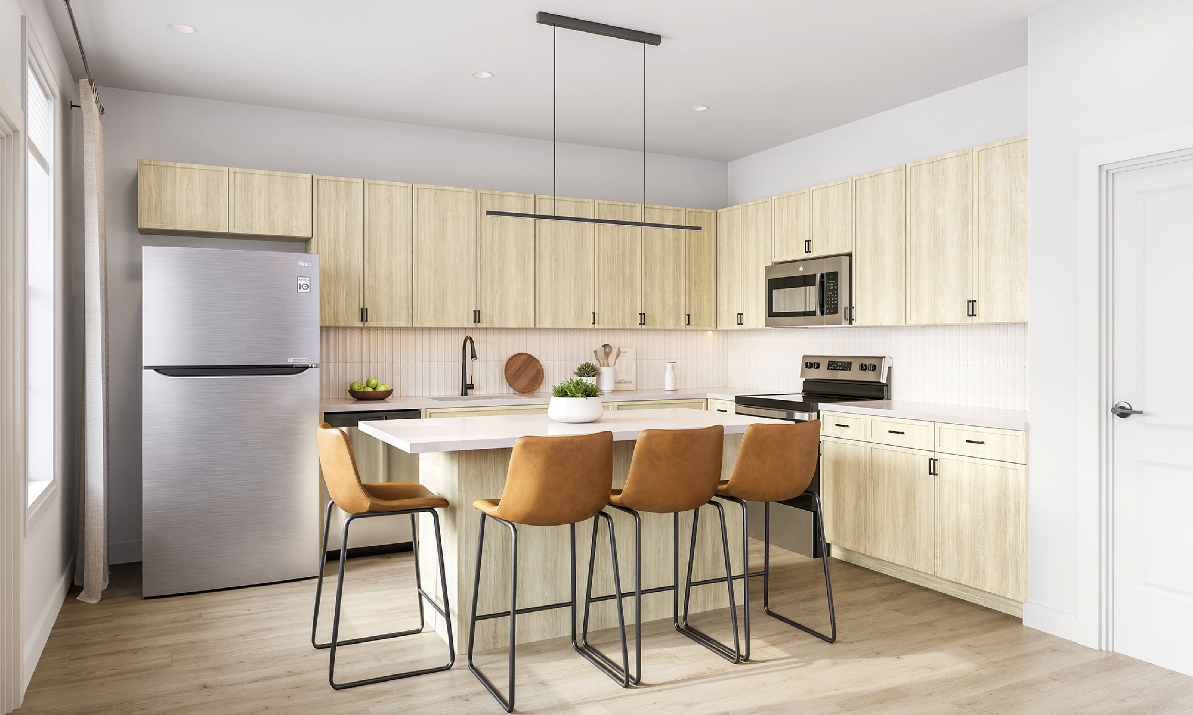 Chandelier Student Living Apartments Modern kitchen with light wood cabinets, stainless steel appliances, island with four brown chairs, and minimalistic decor.