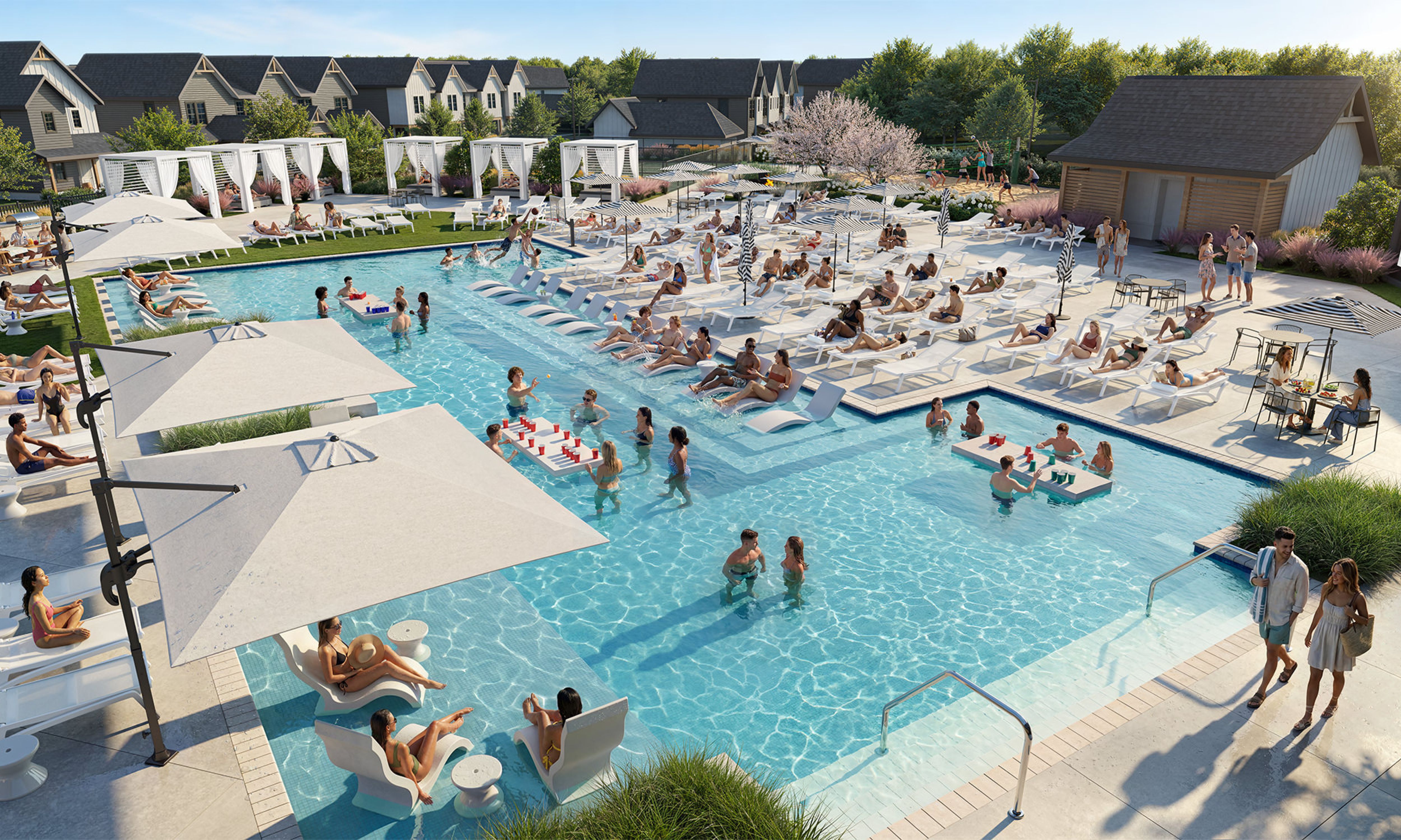 Chandelier Student Living Apartments A crowded pool area with people swimming, lounging, and socializing near cabanas and sunbeds on a sunny day.