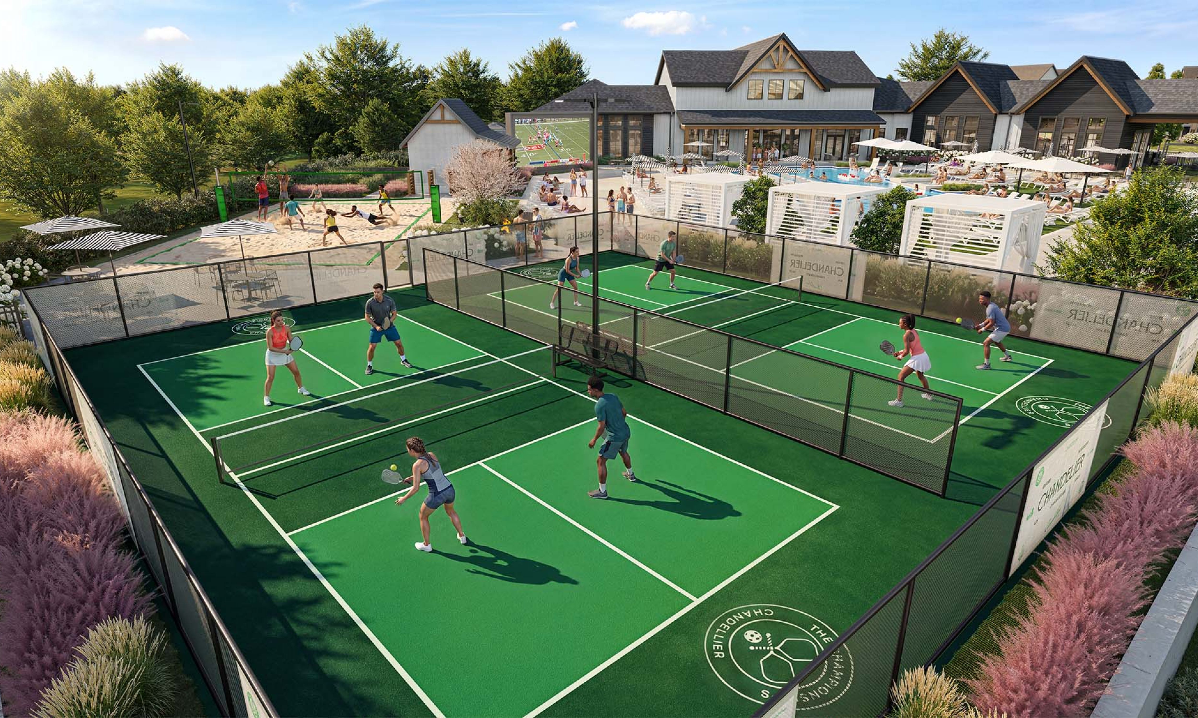 Chandelier Student Living Apartments Aerial view of people playing pickleball on outdoor courts near a clubhouse and pool, surrounded by trees and landscaping.