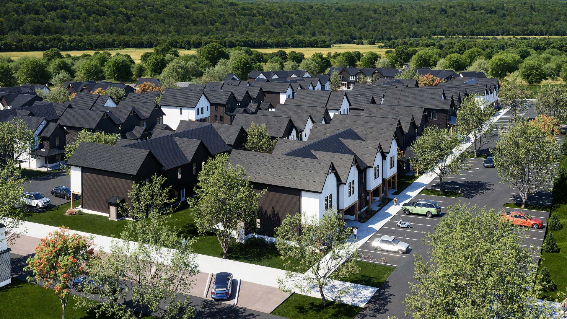 aerial view of modern black and white homes at chandelier in oxford ms