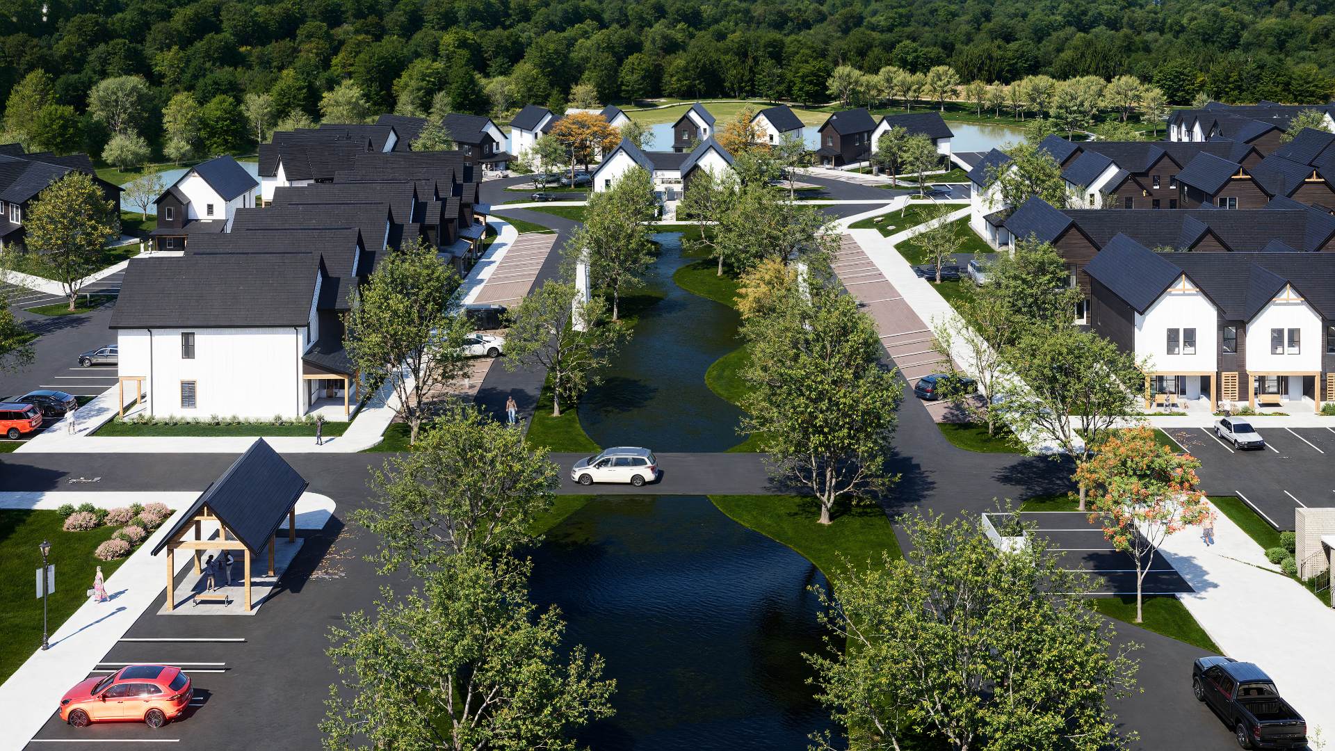aerial view of modern houses and water feature at chandelier in oxford ms