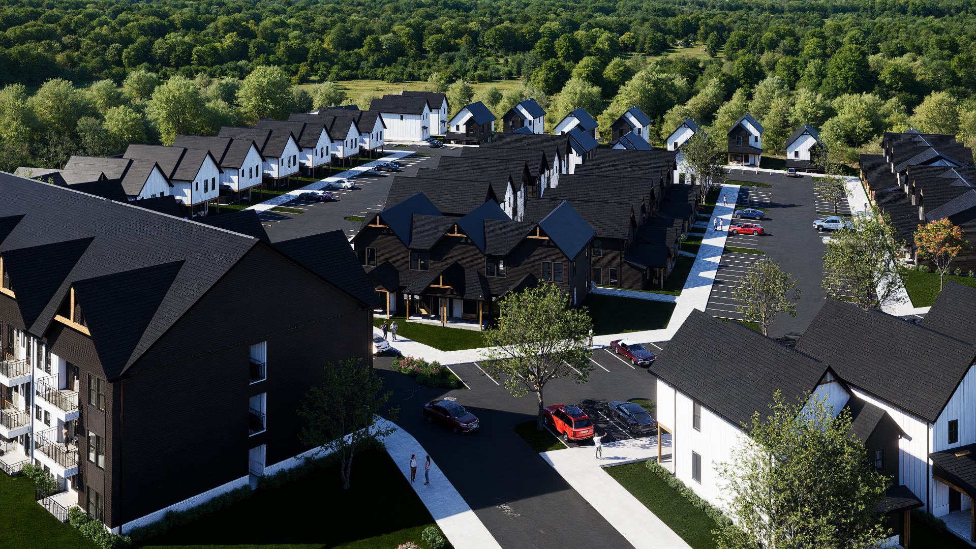 aerial view of modern townhomes at chandelier in oxford ms