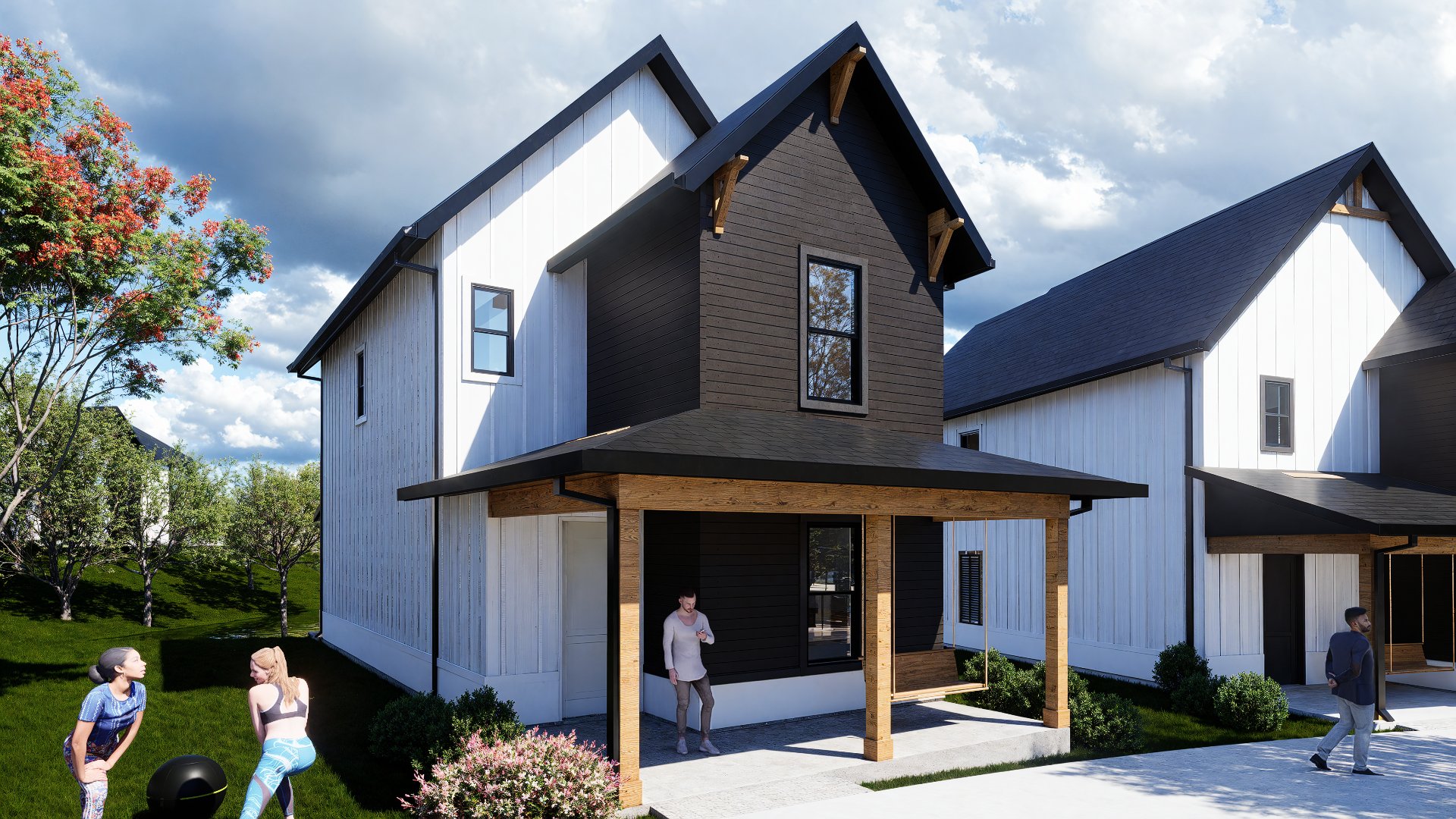 black and white modern farmhouse townhome at chandelier in oxford ms