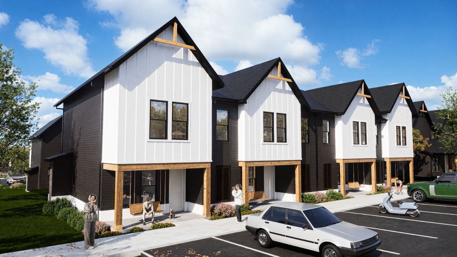 modern black and white townhomes at chandelier in oxford ms