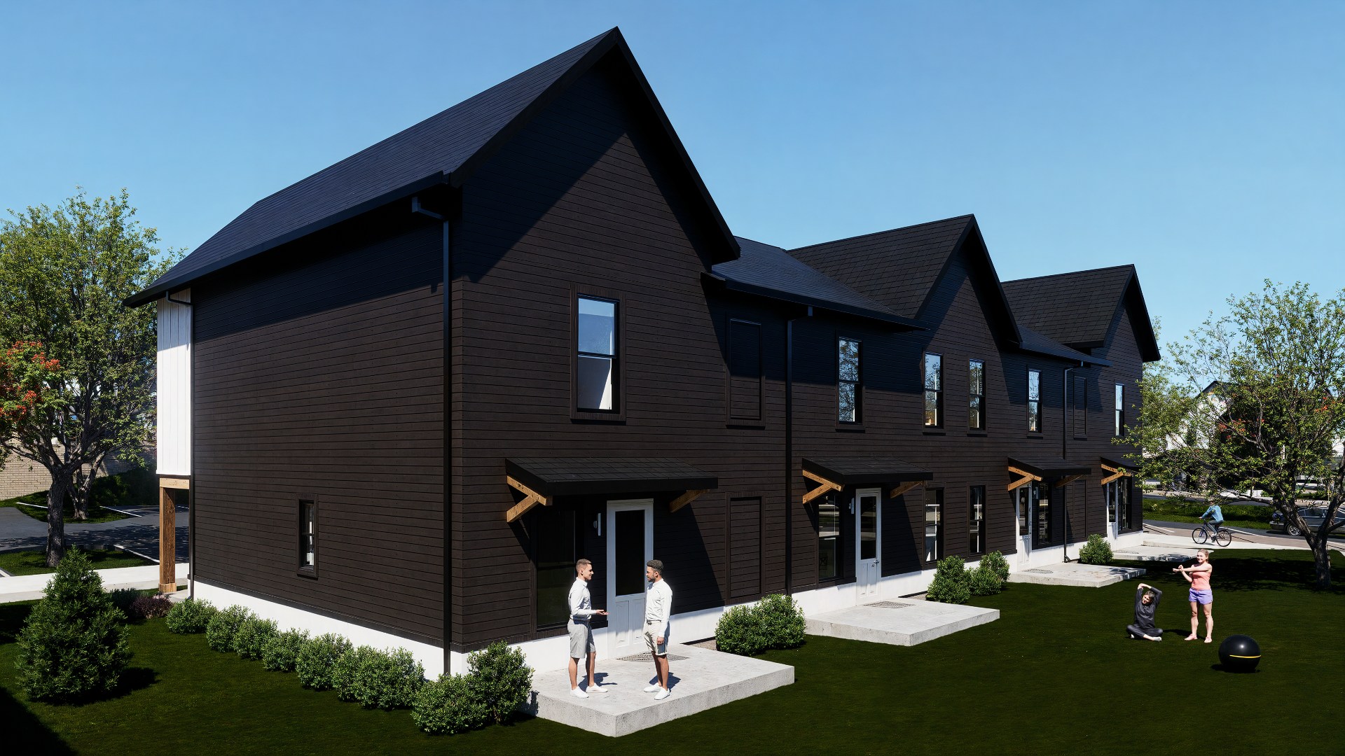 modern black townhomes with lawn at chandelier in oxford ms