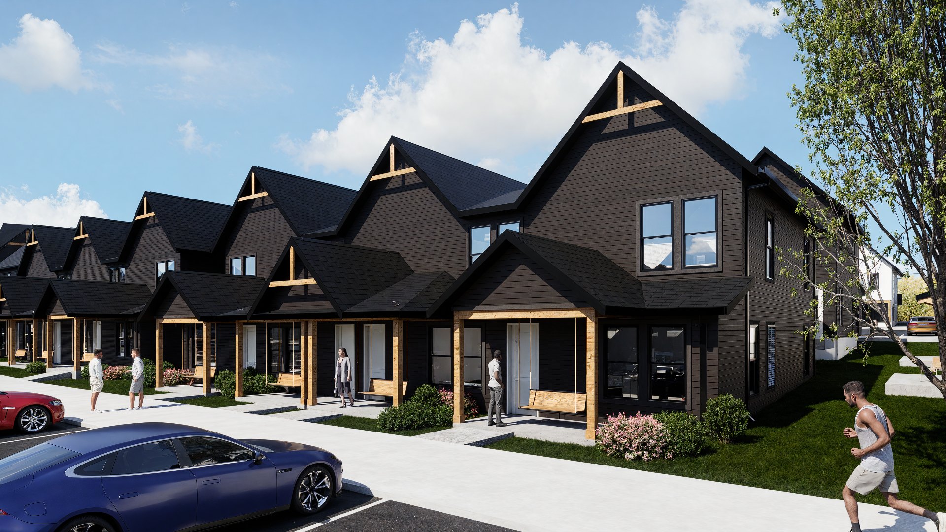 modern black townhomes with wooden accents at chandelier in oxford ms