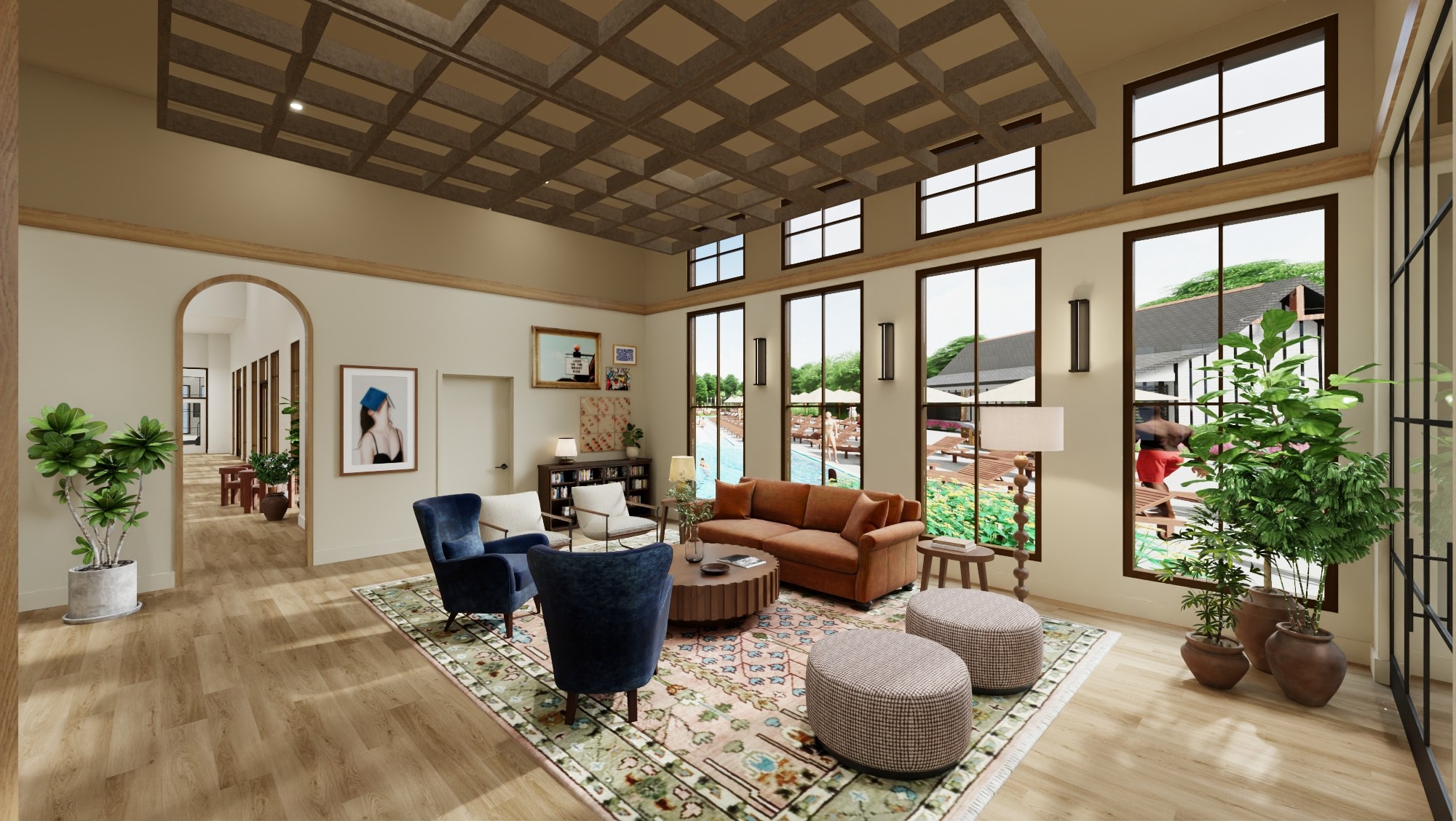 modern clubhouse lounge with coffered ceiling at chandelier in oxford ms