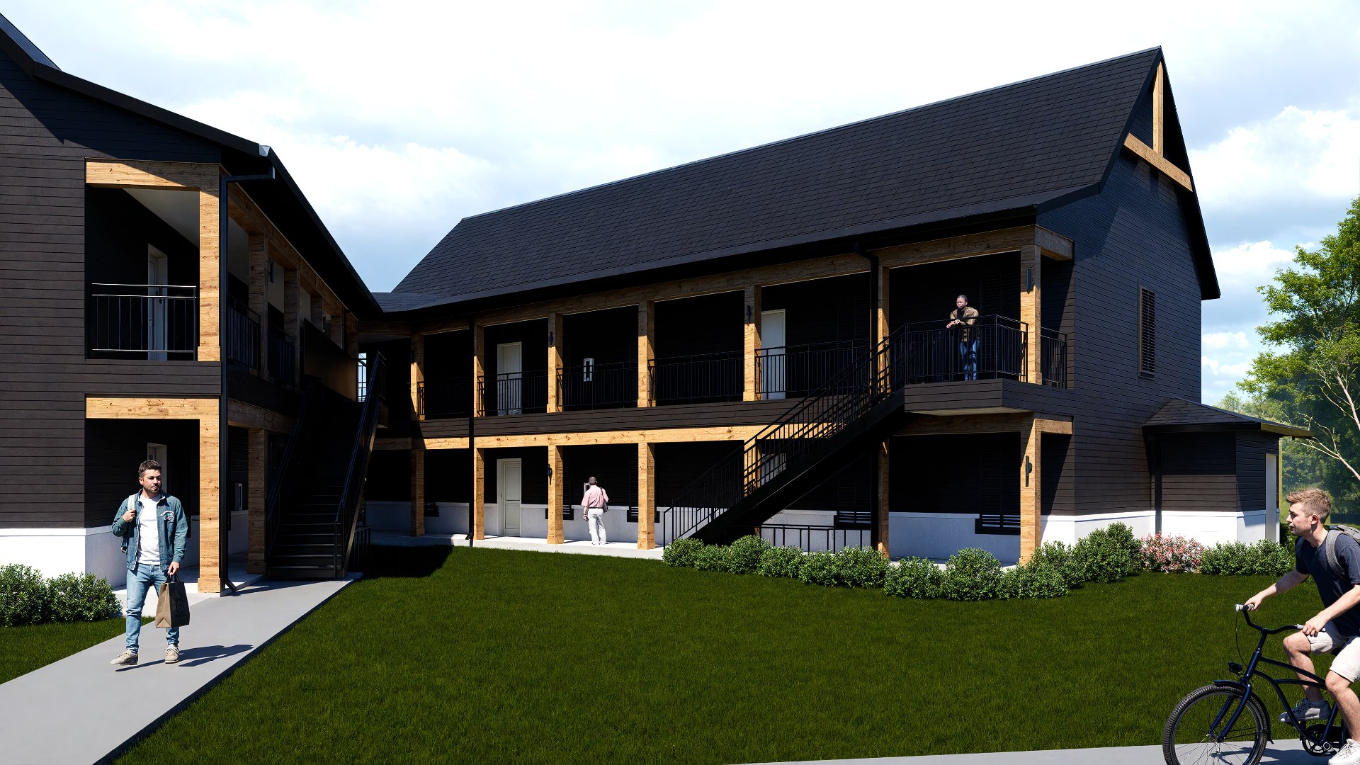 modern exterior with black siding and wood accents at chandelier in oxford ms