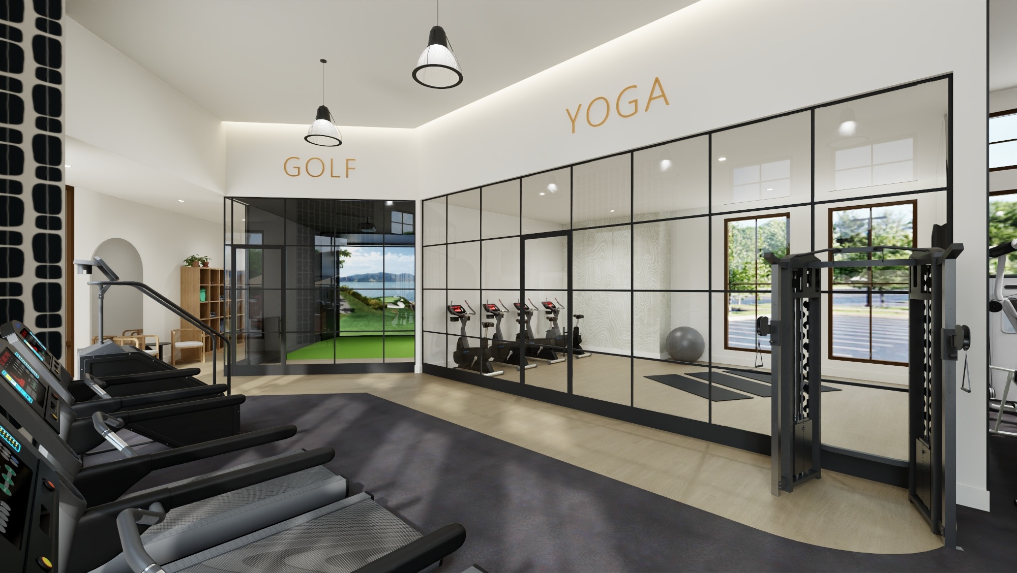 modern fitness center with golf simulator and yoga room at chandelier in oxford ms