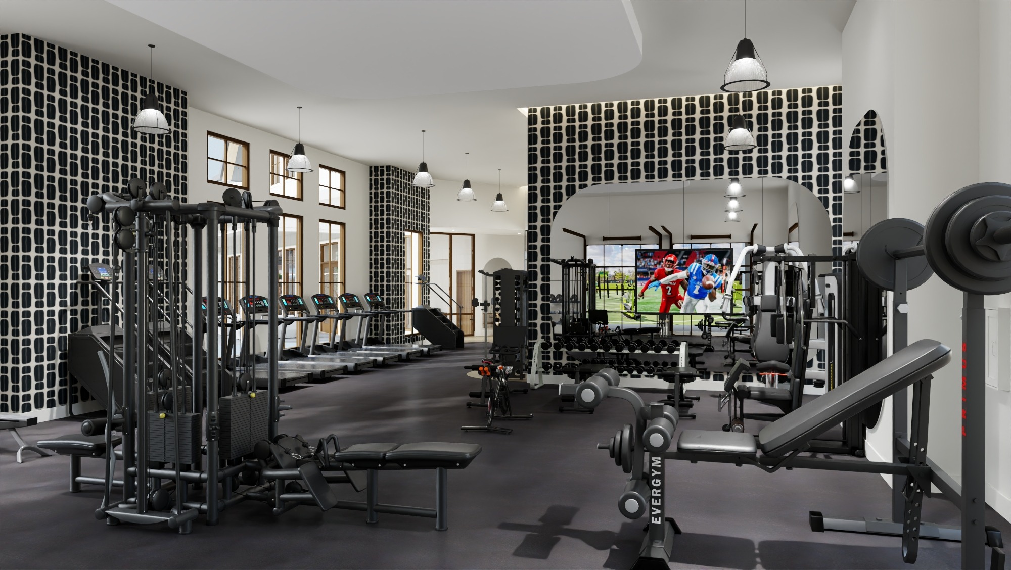 modern fitness center with treadmills and weights at chandelier in oxford ms