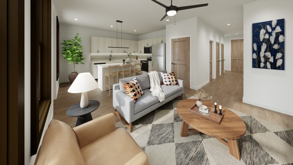 modern open concept living room and kitchen at chandelier in oxford ms