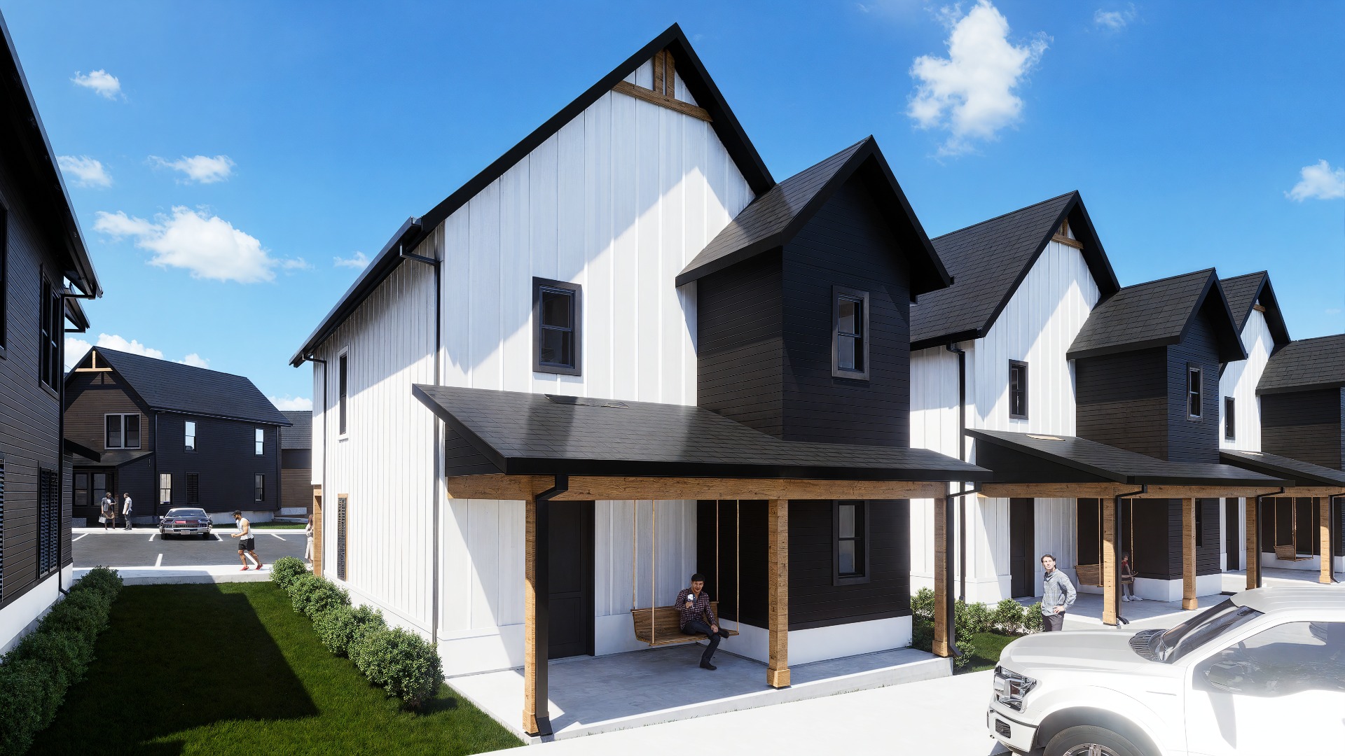 modern two story black and white homes at chandelier in oxford ms