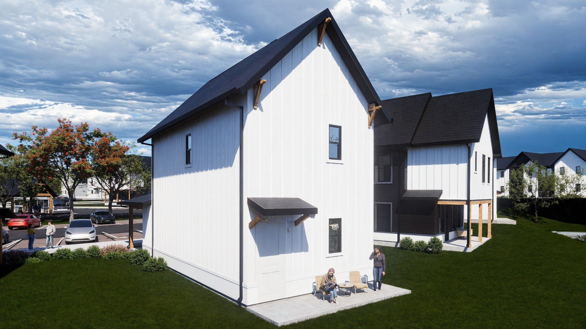 modern white farmhouse homes with black roofs at chandelier in oxford ms