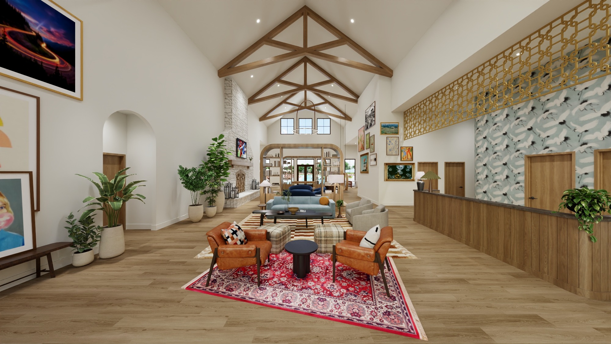 spacious modern lobby with vaulted ceilings at chandelier in oxford ms