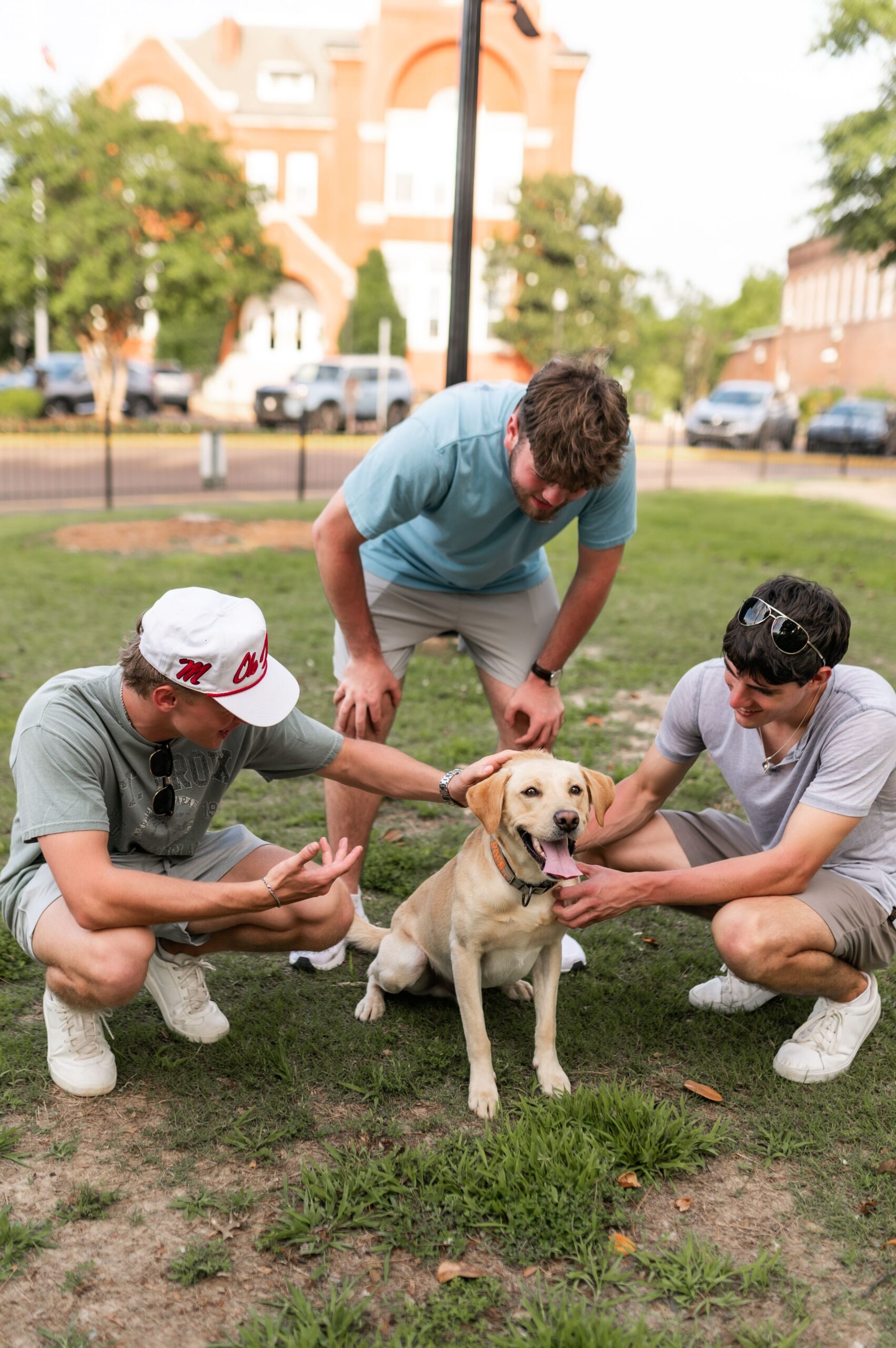 college students petting dog outdoors scaled