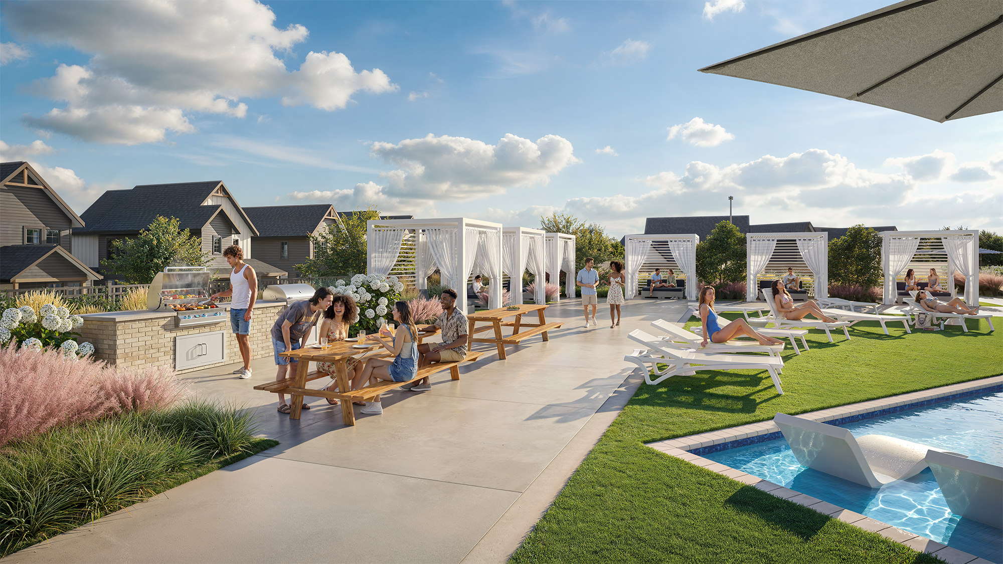 Rendering of grilling stations and poolside cabanas