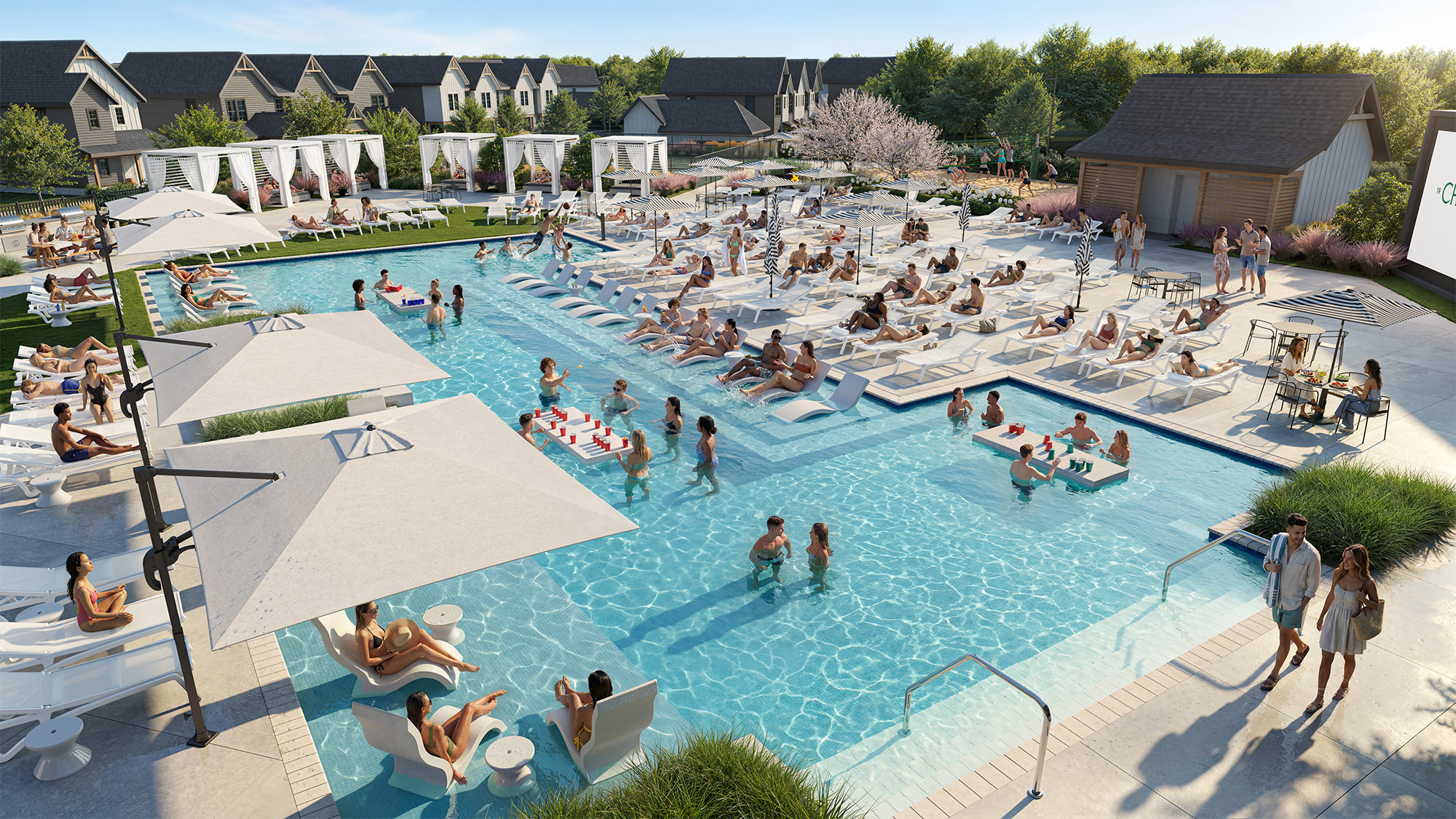 Resort-style swimming pool with sun-shelf lounge seating